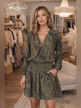 Rails Olive Animal Print Smocked Waist Mini Dress Size L Boho Chic